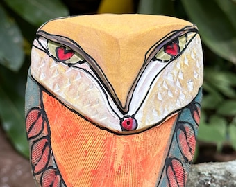 Owl sculpture handmade from clay and colorful glazes makes a heartfelt Mothers Day gift "Owl Person Centered in LOVE"