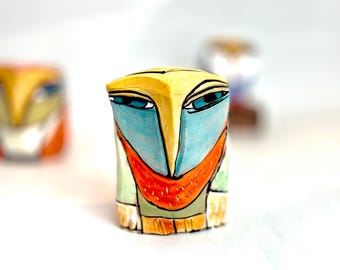 Whimsical Ceramic Owl Figurine: Colorful Handmade Sculpture (4.5 inches)