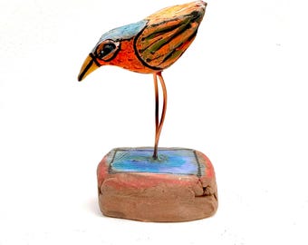 Handmade Ceramic Bird Figurine: Colorful Sacred Art Sculpture