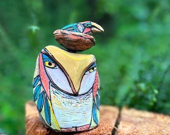 Escultura de búho de arcilla hecha a mano, búho de cerámica esmaltada de colores, regalo único para el hogar, ideal para familiares, amigos y amantes de la naturaleza.