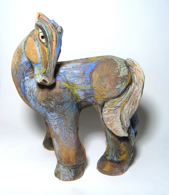 Items similar to Clay Horse Sculpture, Ceramic Art Horse, Blue Mare