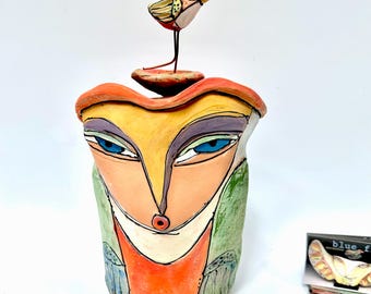 Whimsical Ceramic Owl Figurine: Colorful Handmade Clay Sculpture