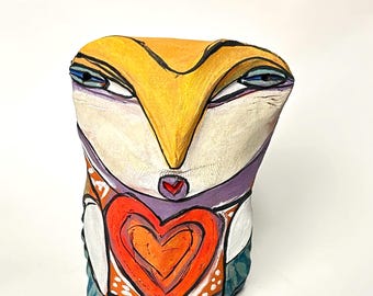 Colorful Ceramic Owl Figurine: Handmade Owl Art Sculpture....4.75" tall