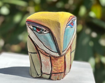 Owl art, ceramic owl sculpture, colorful owl figurine, "Owl Person Standing in the Morning Light", Height 4.25 inches