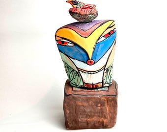 Whimsical Ceramic Owl Sculpture: Colorful Handmade Figurine, 7.5"