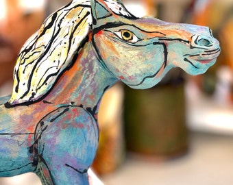 Horse Sculpture, Ceramic Horse, Gift Horse, Clay Art, "Rainbow Horse Remembering Freedom." SIZE- 10 inches wide x10 inches tall