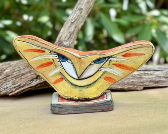 Owl artwork handmade from clay with unique, colorful glazes makes heartfelt gift. "Owl Person Opening to the Morning Sun"11" Wide x 6" tall