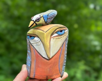 Handmade Clay Owl Sculpture, Colorful Glazed Ceramic Figurine, Unique heart warming, house warming gift for family, friends, nature lovers.