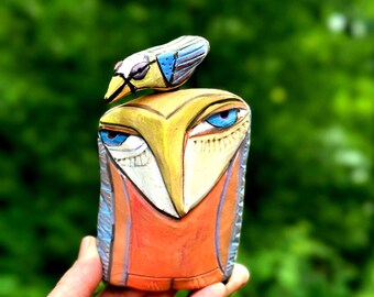 Handmade Clay Owl Sculpture, Colorful Glazed Ceramic Figurine, Unique heart warming, house warming gift for family, friends, nature lovers.