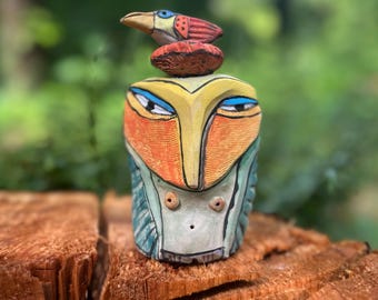Escultura de búho hecha a mano en arcilla, búho de cerámica esmaltada de colores, regalo único para el hogar, ideal para familiares, amigos y amantes de la naturaleza.