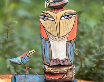 Handmade Glazed Ceramic Owl Sculpture, Colorful Folk Art Home Decor, Nature Lover Gift, 7 3/4" x 5 3/4" wide