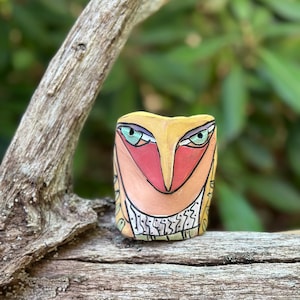 Owl artwork, sacred object handmade from clay with unique, colorful glazes makes a heartfelt gift "Owl Person Centered in LOVE", 3-3/8"