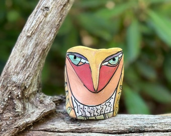 Owl artwork, sacred object handmade from clay with unique, colorful glazes makes a heartfelt gift "Owl Person Centered in LOVE", 3-3/8"