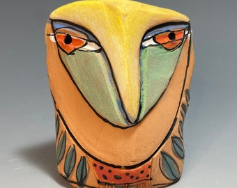 Owl art, ceramic owl sculpture, whimsical, colorful owl figurine, "Owl Person Standing in the Morning Light"