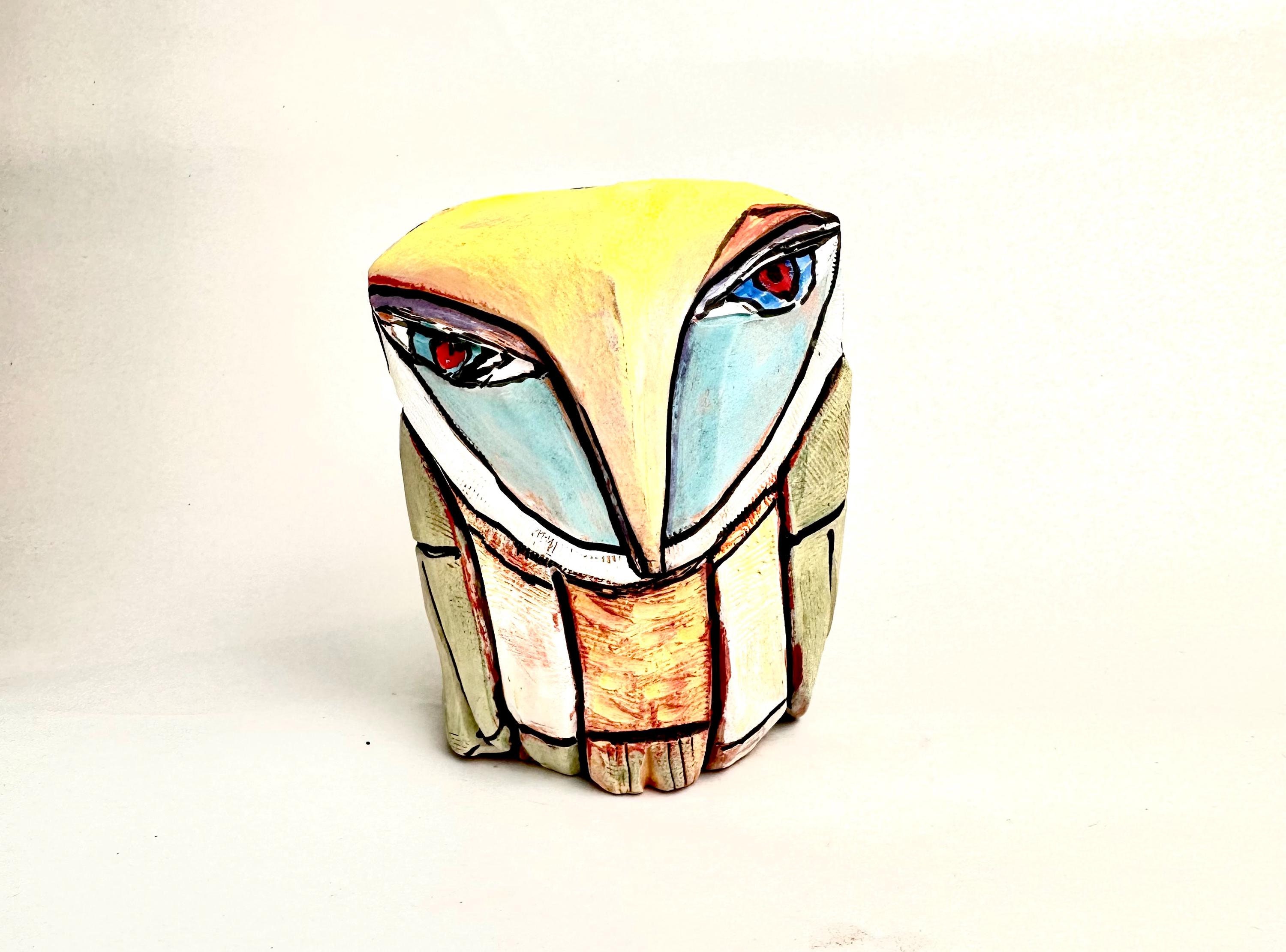 Owl art, ceramic owl sculpture, colorful owl figurine, "Owl Person Standing in the Morning Ligh
