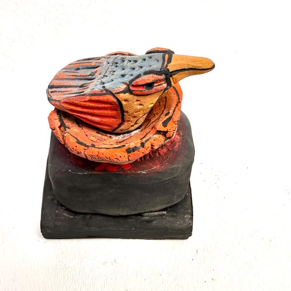 Bird art, sacred art, colorful bird figurine, "Beauty Bird Present in the Moment."