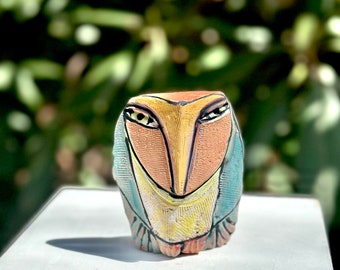 Owl art, owl person sculpture created from clay, colorful owl figurine, "Owl Person Standing in the Morning Light", SIZE  3-1/2" tall