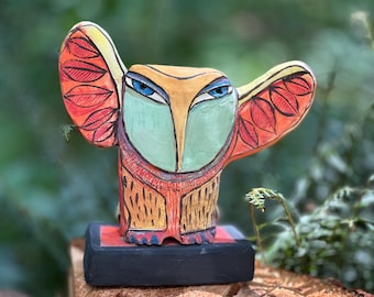 Whimsical Ceramic Owl Sculpture: Colorful Handmade Owl Art for living room, coffee table, altar or entry way, 8.5 inches tall