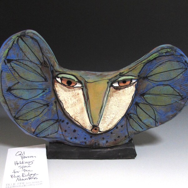 Clay Owl sculpture / Owl Figurine, whimsical owl art, colorful ceramic owl art