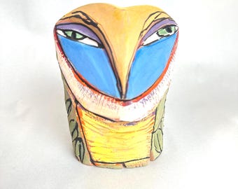Colorful Ceramic Owl Figurine: Handmade Owl Art Sculpture (5 inches)