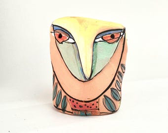 Whimsical Ceramic Owl Figurine: Colorful Handmade Sculpture (3-1/2 inches)