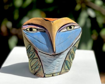 Owl art, ceramic owl sculpture, colorful owl figurine, "Owl Person Dreaming Love", Height: 4.25 inches