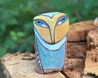 Handmade Clay Owl Sculpture, Colorful Glazed Ceramic Figurine, Unique heart warming gift for family, friends and nature lovers.