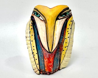 Handmade Clay Owl Sculpture: Colorful Glazed Ceramic Figurine