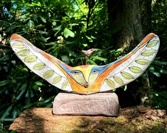 Handmade Clay Owl Sculpture: Colorful Glazed Ceramic Art, "Owl Person and Dancing Bird"