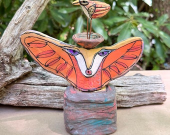 Owl arthandmade from clay with unique, colorful glazes makes a heartfelt gift "Owl Person Opening to the Morning Sun", 7" wide x  8" tall