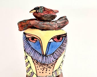 Whimsical Ceramic Owl Sculpture: Colorful Handmade Bird Art