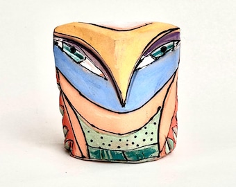 Ceramic Owl Sculpture: Whimsical Colorful Owl Figurine