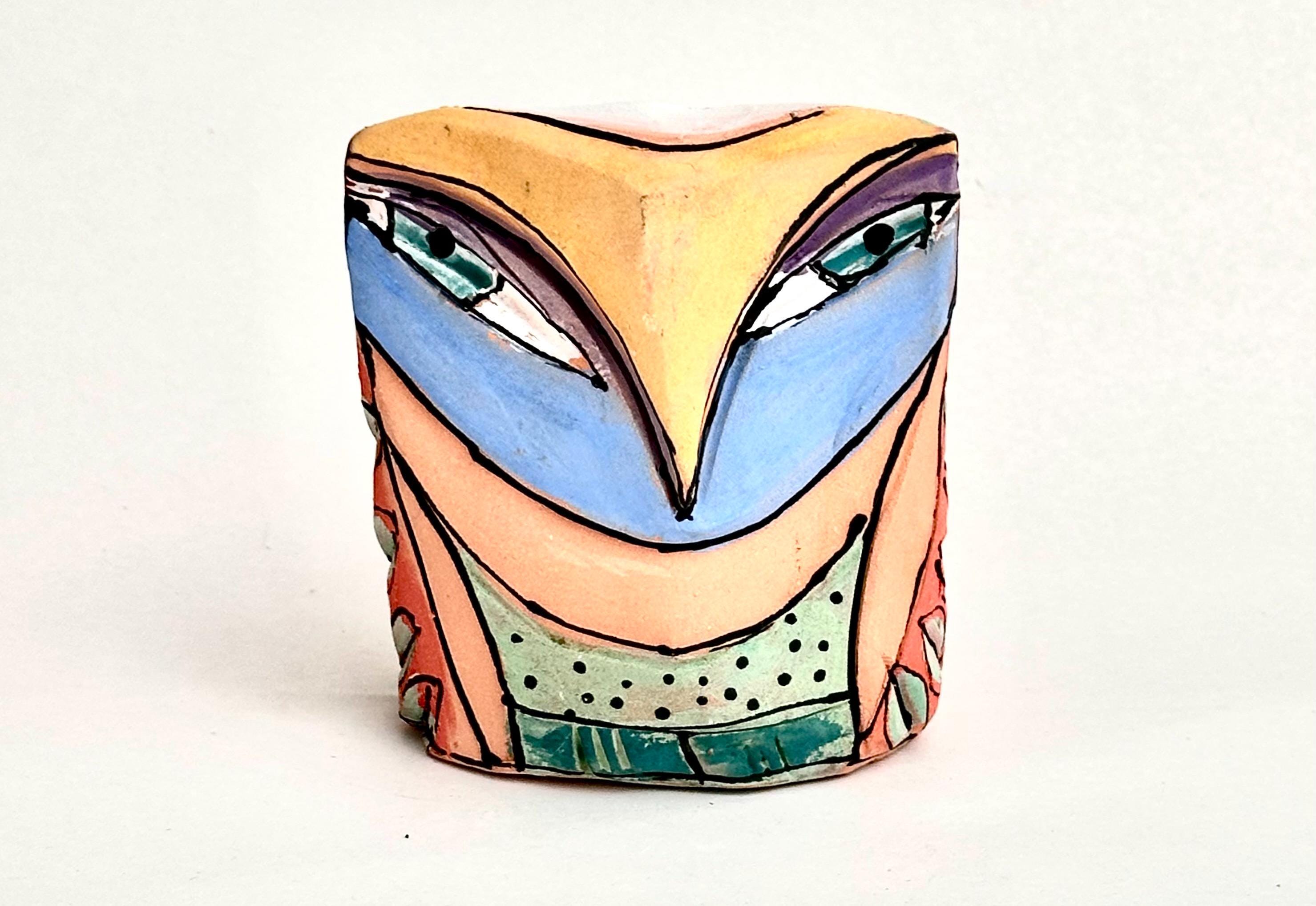 Ceramic Owl Sculpture: Whimsical Colorful Owl Figurine