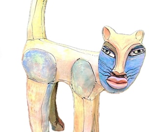 Handmade Clay Cat Sculpture, Colorful Ceramic Art, Home Decor (15.5x10 in)