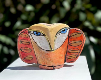 Owl art, figurine, ceramic owl sculpture, whimsical, colorful owl, "Owl Person Holding Space for Peace".