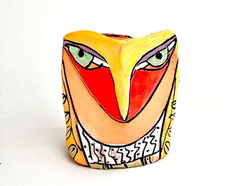 Handmade Clay Owl Sculpture: Colorful Glazed Ceramic Art