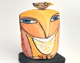 Handmade Clay Owl Sculpture, Colorful Glazed Ceramic Figurine