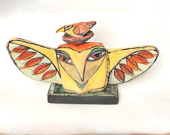 Handmade Clay Owl Sculpture, Colorful Glazed Art, Home Decor (10.5"x6.5")