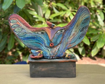 Owl art handmade from clay with colorful, glazes wonderful center piece "Owl Person Holding Space for Love", SIZE-15" wide x 13.5" tall