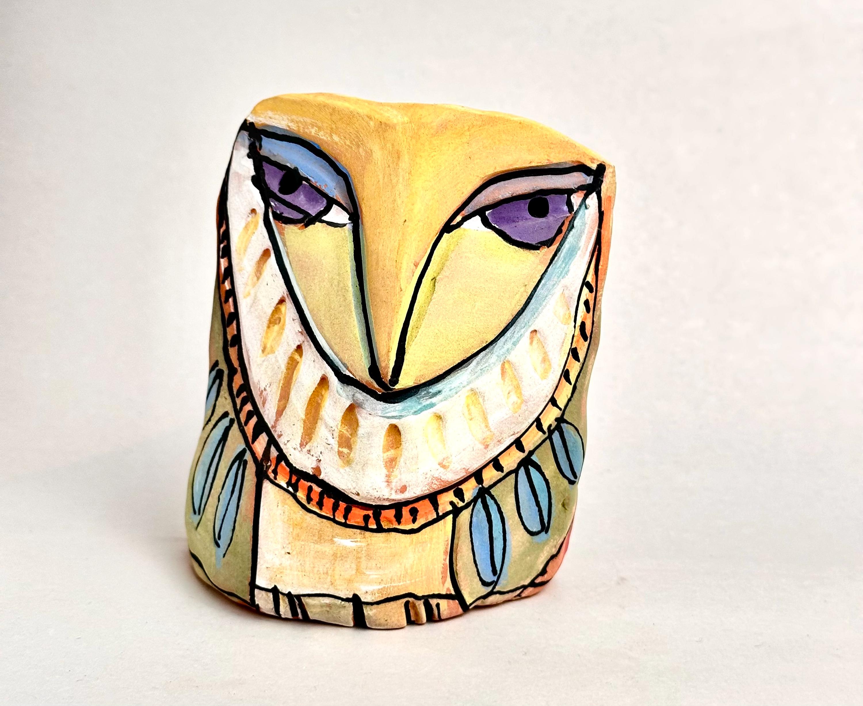 Whimsical Ceramic Owl Figurine: Colorful Handmade Owl Art (3-3/4 inches)