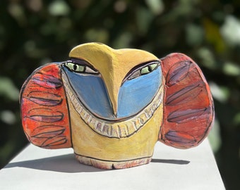 Owl art, figurine, ceramic owl sculpture, whimsical, colorful owl, "Owl Person Opening to the Full Moon", SIZE- 6.5" wide