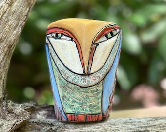 Owl sculpture handmade from clay with unique, colorful, glazes makes a heartfelt gift "Owl Person Dreaming Love into Being", SIZE 4" tall