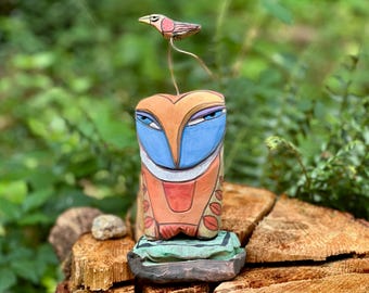Escultura de búho de cerámica esmaltada hecha a mano, colorida decoración de arte popular para el hogar, regalo para amantes de la naturaleza, 28,8 cm de altura.