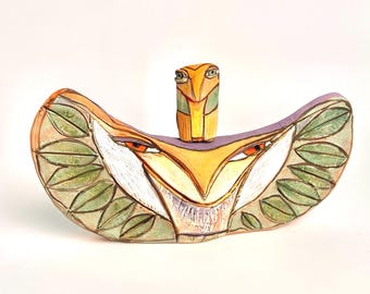 Handmade, colorful meditation art, birthday gift owl. Mother and Child, 10" wide