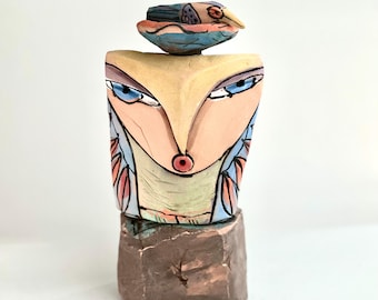 Whimsical Ceramic Owl Sculpture: Colorful Handmade Figurine
