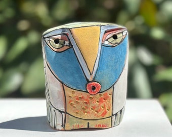 Owl art, figurine, ceramic owl sculpture, whimsical, colorful owl,  "Owl Person Centered in LOVE"