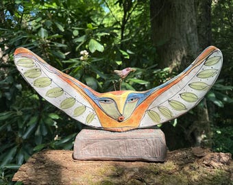 Handmade Clay Owl Sculpture: Colorful Glazed Ceramic Art, "Owl Person and Dancing Bird"