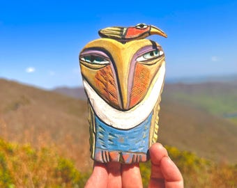 Whimsical Ceramic Owl Sculpture: Colorful Handmade Figurine 5-5/8" tall