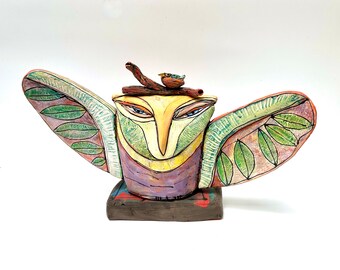 Handmade Clay Owl Art Sculpture: Colorful Home Decor (17.5"x10.5")