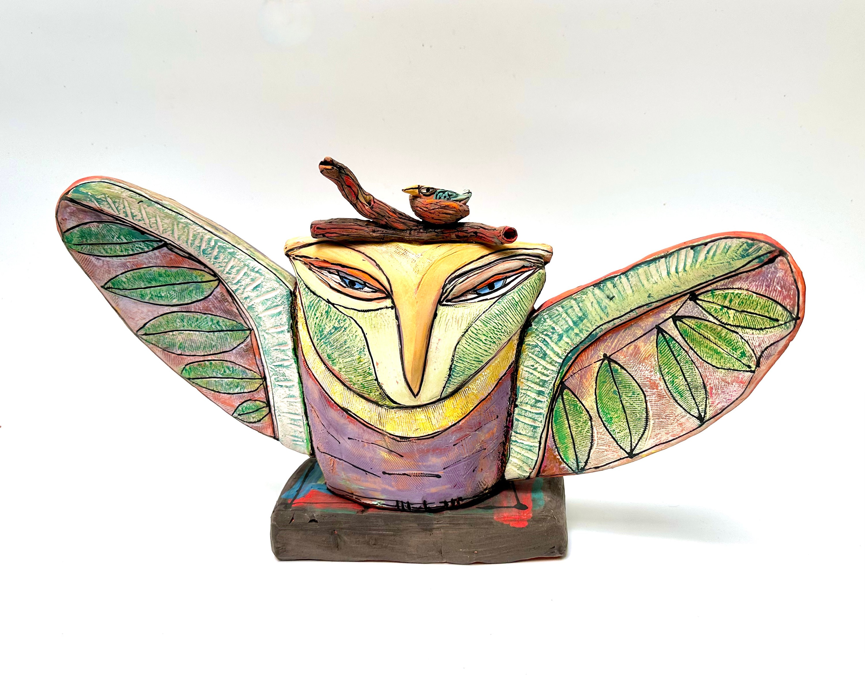 Owl art sculpture, center piece for living room mantle, table, peaceful mood art made by hand, heart